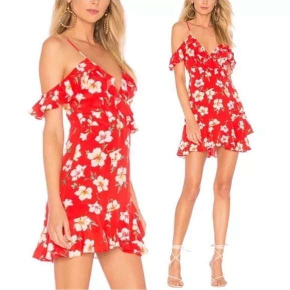 REVOLVE x MAJORELLE‎ Salsa Floral Ruffle Mini Dress Off The Shoulder Size LARGE